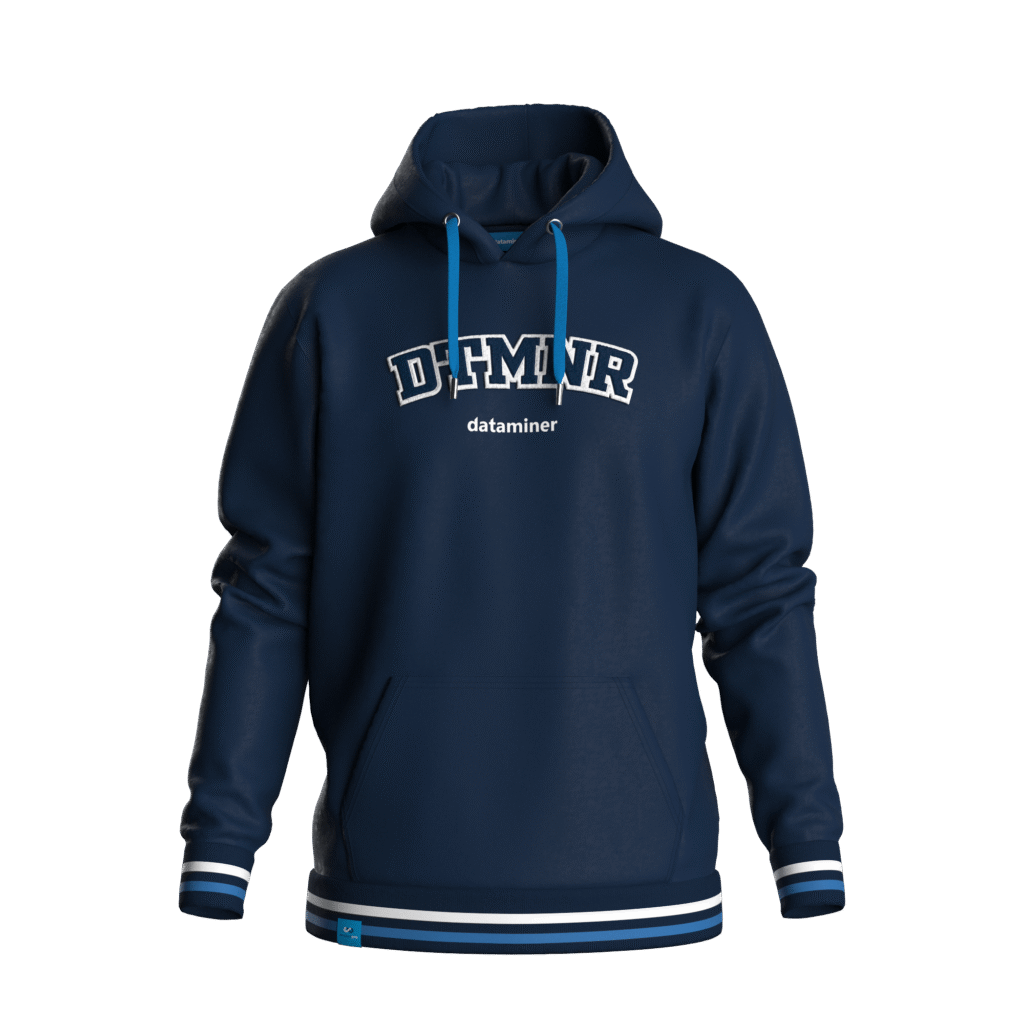 Full view of navy Dataminer hoodie with varsity-style lettering and striped cuffs